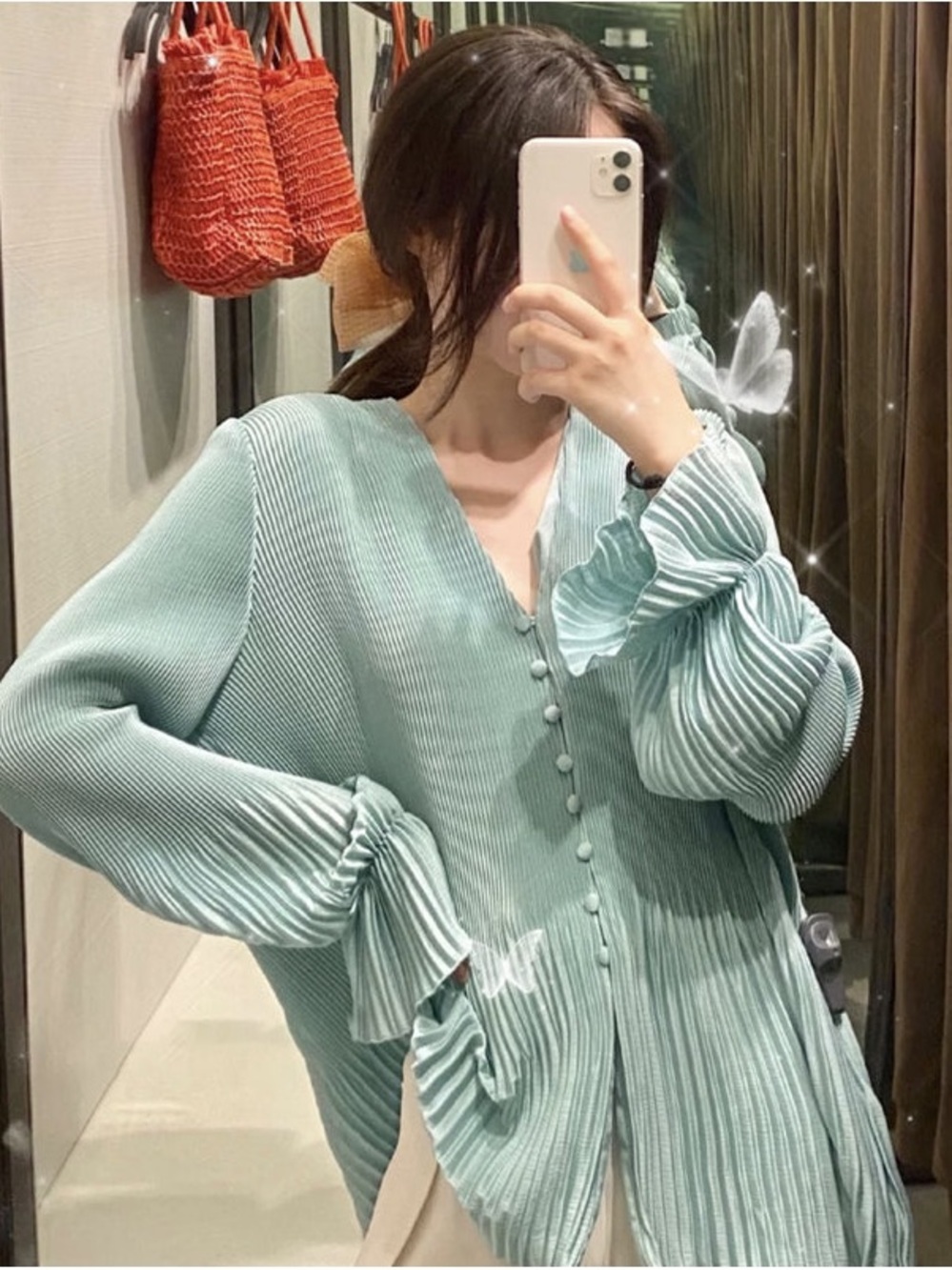 Zara Mint Green Pleated V-Neck Button-Front Blouse